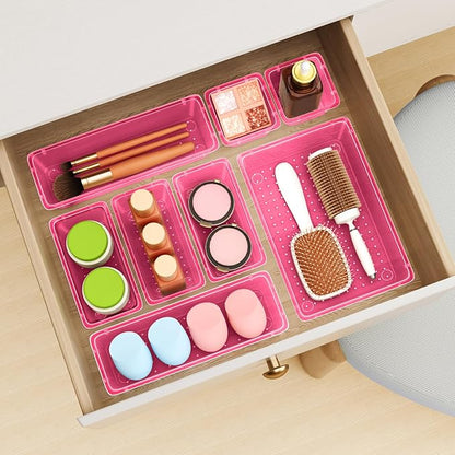 ElegantArray 12 PCS Drawer Organizer Set, 4 Sizes Tool Storage Trays, Clear Plastic Makeup Vanity Organizer and Storage Bins for Stationeries, Multiple Gadgets for Office, Bedroom, Pink - Image 6