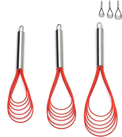 Flat Whisk Set,Stainless Steel 3 Pack 10''+11''+12'' Premium Sturdy-6 Silicone Heads Non Stick Wires Whisk for Blending Beating Stirring Kitchen Cooking Color Red by Jell-Cell by Jell-Cell
