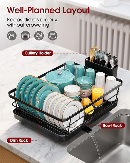 Sakugi Stainless Steel Dish Drying Rack for Kitchen Counter, Sink Organization and Storage Essentials with Silverware & Utensil Holder, Home and Apartment Decor, 12''W x 15.5''L, Black - Image 2