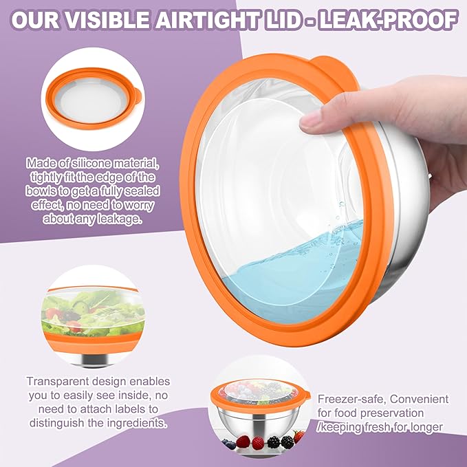 TeamFar Mixing Bowl Set, 4.5/3/1.5/1/0.7 QT Stainless Steel Nesting Salad Bowls with Visible Lids, For Serving/Mixing/Storing, Non-Toxic & Heavy Duty, Airtight & Easy Clean, Multi-Color, Set of 5 - Image 3