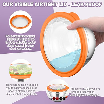 TeamFar Mixing Bowl Set, 4.5/3/1.5/1/0.7 QT Stainless Steel Nesting Salad Bowls with Visible Lids, For Serving/Mixing/Storing, Non-Toxic & Heavy Duty, Airtight & Easy Clean, Multi-Color, Set of 5 - Image 3