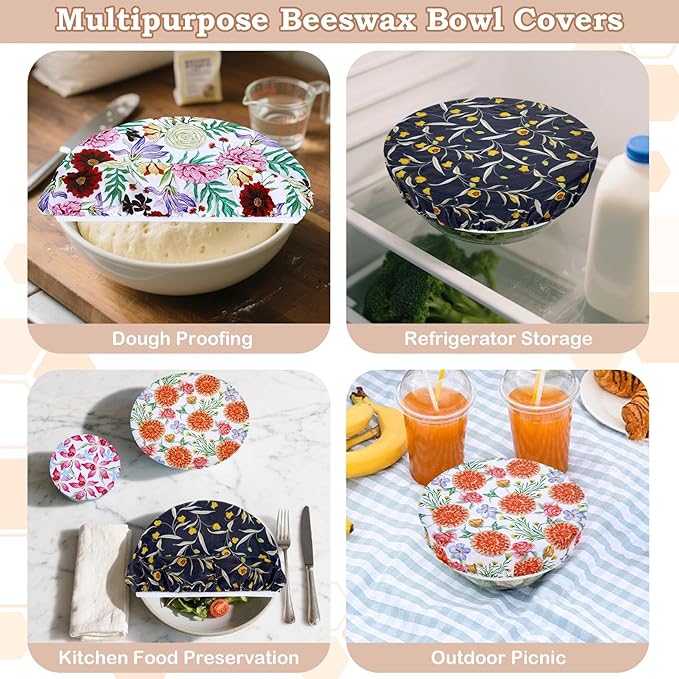 5-Size Reusable Beeswax Bowl Covers for Bread Proofing, Cotton Cloth Flexible Beeswax Wraps for Food Storage(Colorful Floral) - Image 5