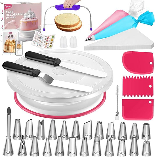 Syntus 65 PCs Cake Decorating Kit with Cake Stand Turntable, Cake Baking Supplies 30+1 Piping Bags, 24 Piping Tips, Offset & Straight Spatulas, 3 Scrapers, Leveler, 2 Couplers & 1 Tips Brush by Syntus