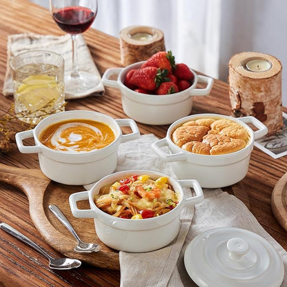 Lareina Mini Cocotte - 12oz Ceramic Casserole Dishes - Kitchen Casserole Sets With Handles And Lid - Small Baking Ramekins - Oven, Microwave & Dishwasher Safe - Set of 4 - White - Image 3