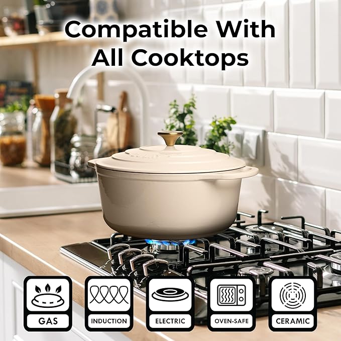 Zulay Kitchen 6 Quart Enameled Cast Iron Dutch Oven Pot with Lid – Premium Durability & Oven Safe up to 500°F – Heavy Duty Cookware Perfect for Bread Baking, Stews, Braising & Roasting - Ivory - Image 3