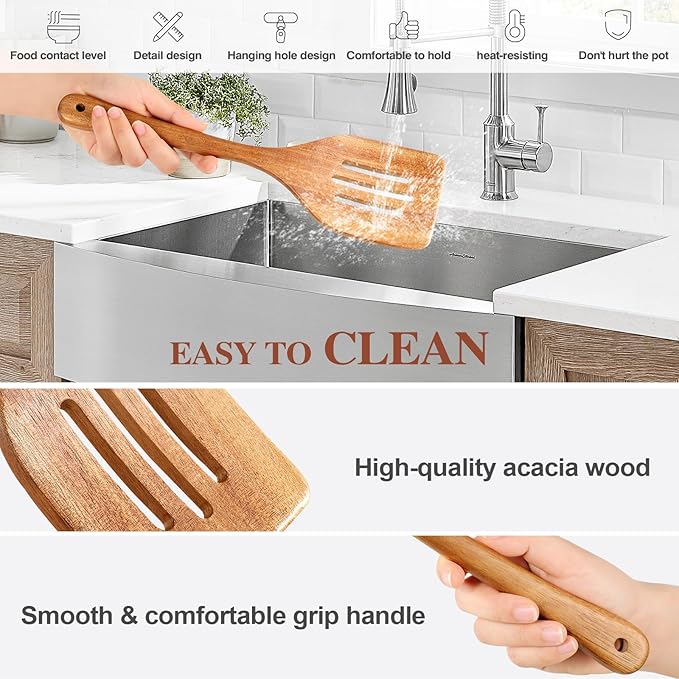 Wooden Cooking Utensils, 6 Pieces Natural Acacia Wooden Spoons For Cooking with Non Stick & Heat Resistant Design, Wooden Kitchen Utensil Set with Hanging Hole for Stirring, Mixing, Cooking - Image 4