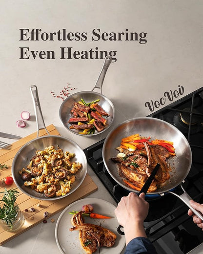 VocVoi Stainless Steel Pan Set, Frying Pan Set, 8/10/12 Inch Stainless Steel Cookware Set, PFOA&PTFE Free Tri-Ply Skillets, Chef's Pan Set, Dishwasher and Oven Safe, Induction Compatible - Image 4