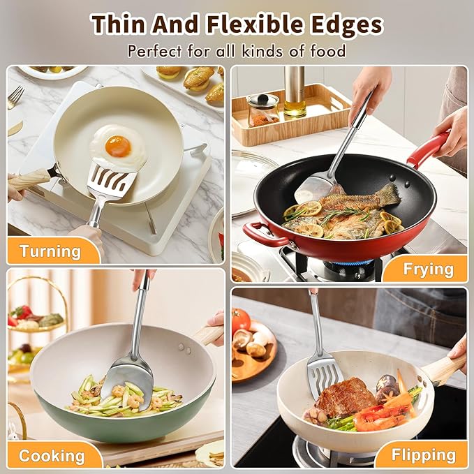 2 Pcs Stainless Steel Spatulas Set, Metal Spatula Solid & Slotted Turner, Heavy Duty Sturdy Spatula for Kitchen Use, High Heat Resistant Cooking Utensils for Fish Eggs Pancakes, Easy to Clean, Silver - Image 7