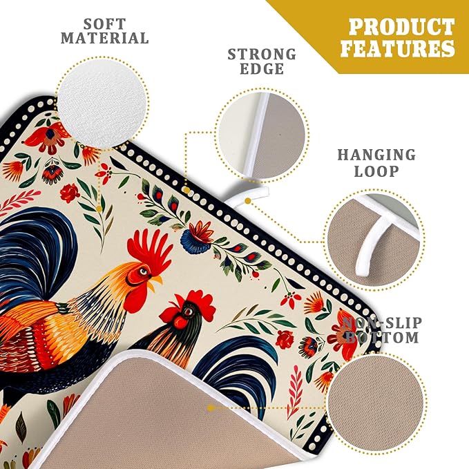 Roosters Chicken Dish Drying Mat for Kitchen Counter Absorbent Microfiber Drying Pad 16 x18 In - Image 4