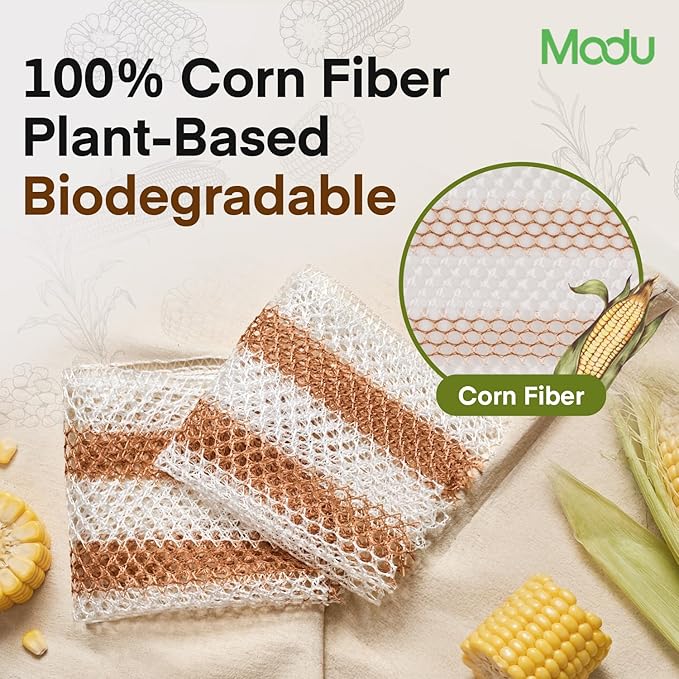 Modu 6 Pack EcoCorn Dish Sponges Scrubbers – 100% Corn Fiber, Biodegradable Kitchen Scrub Pads for Multipurpose Household Cleaning, Odor-Free, Plastic-Free Kitchen Mesh Net (Thin & Foamy 6 Count) - Image 2