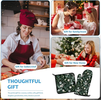 Botanical Print FloralOven Mitts and Pot Holders Sets Heat Resistant 4Pcs Potholders Oven Gloves Hot Pads for Kitchen Baking Cooking Grilling BBQ