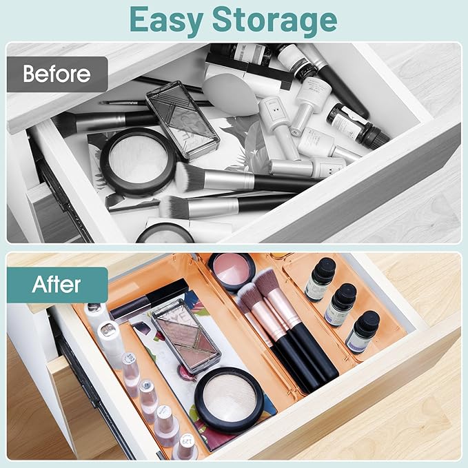 WOWBOX 25 PCS Plastic Drawer Organizer Set, 4 Sizes Desk Drawer Divider Organizers and Storage Bins for Makeup, Jewelry, Gadgets for Kitchen, Bedroom, Bathroom, Office, Clear Orange - Image 4