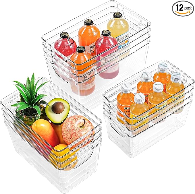Freebat 12 Pack Organizers and Storage, Pantry Organization and Storage Bins, Cabinet Organizer, Clear Plastic Storage Containers with Handle，Acrylic Storage Bins (4 Small&4 Middle&4 Large by Freebat