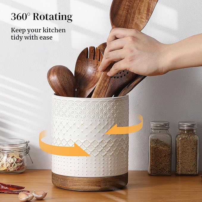 DOWAN 360° Rotating Extra Large Cooking Utensil Holder, 7.6" Kitchen Utensil Holder for Countertop, Utensil Crock for Farmhouse Kitchen Decor, Ceramic Stable Utensil Caddy, White Embossed - Image 5