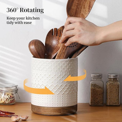 DOWAN 360° Rotating Extra Large Cooking Utensil Holder, 7.6" Kitchen Utensil Holder for Countertop, Utensil Crock for Farmhouse Kitchen Decor, Ceramic Stable Utensil Caddy, White Embossed - Image 5