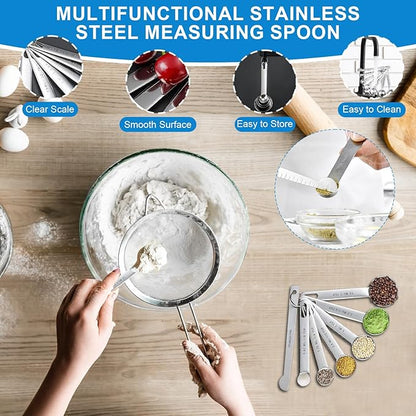 Measuring Cups and Spoons Set 21 Piece, 11 Stainless Steel Nesting Measuring Spoons and Cups with 3 Plastic Measuring Cup, 3 Funnel, 3 Brush, 1 Ruler, Measuring Cup Set for Kitchen Baking Liquid Dry