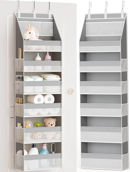 Criusia Over The Door Organizer, Heavy-Duty 6-Shelf Hanging Storage with 13 Mesh Pockets, 55lbs Capacity Behind The Door Storage for Nursery, Bathroom, Bedroom, and Dorm, Grey by Criusia