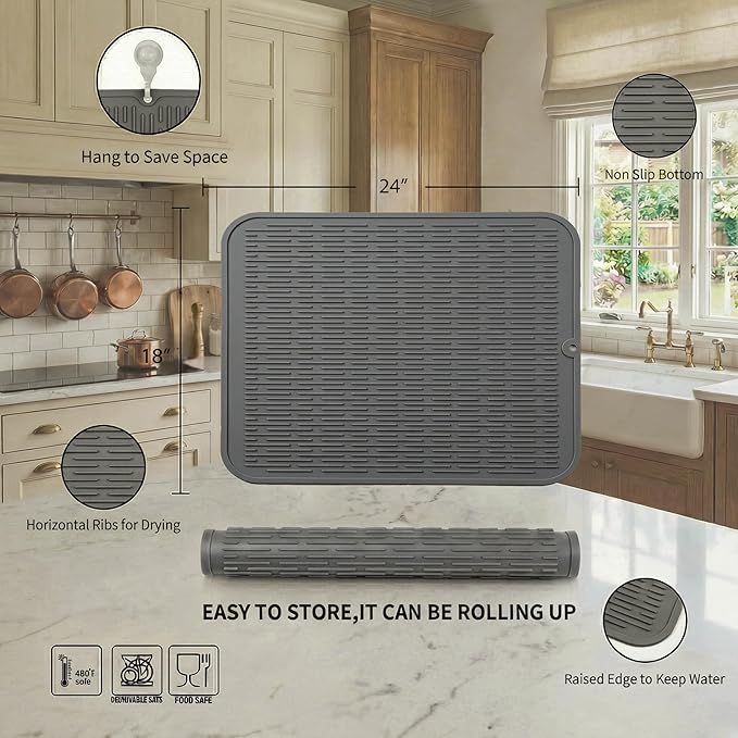 MicoYang Silicone Dish Drying Mat for Multiple Usage,Easy clean,Eco-friendly,Heat-resistant Silicone Mat for Kitchen Counter or Sink,Refrigerator or Drawer Liner Grey 2XL 24 inches x 18 inches - Image 2