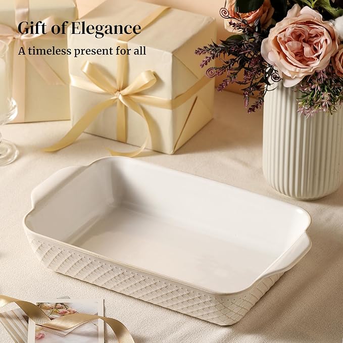DOWAN 9x13 Deep Lasagna Baking Dish, Ceramic Casserole Dish for Oven, 4 Quarts Embossed Baking Pan with Handles, Oven Safe Bakeware for Roasting, Desserts, Durable & Giftable, Arctic White - Image 9
