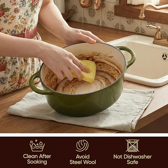 Vintage Style Oval Dutch Oven for Bread Baking, 4.5 Quart Non Stick Enameled Cast Iron Dutch Oven Pot with Lid, Oven Safe Oval Casserole with Lid up to 500°F for Baking, Braising, Stews, Roasting, Golden Green - Image 6
