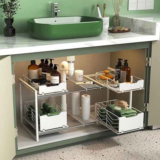 NETEL NETELAdjustable Under Sink Organizers and Storage, 2 Tier Expandable Pull Out Under Sink Organizers and Storage, 4 Pull-Out Metal Baskets, (21.5-31.64)" W X 14.69" D X 15.83" H