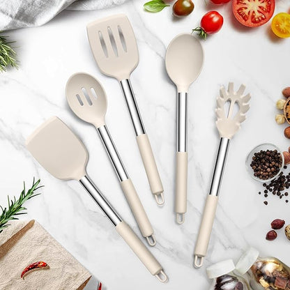 TeamFar Cooking Utensils Set, 5 PCS Silicone Kitchen Utensils with Stainless Steel Handle for Nonstick Cookware Turning Flipping Frying Draining, Heatproof & Healthy, Nonstick & Easy Clean, Khaki - Image 7