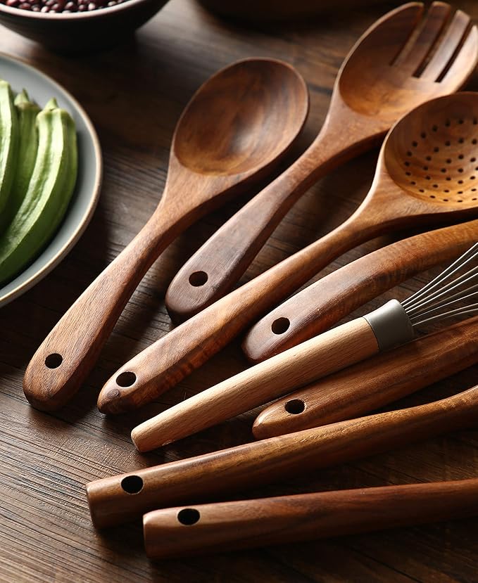 Wooden Kitchen Utensils Set with Holder, NAYAHOSE 9 Pcs Teak Wood Spoons for Cooking Spatula Set with Stainless Steel Storage Barrel