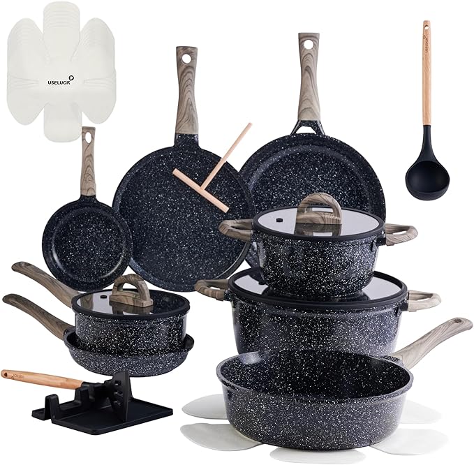 Pots and Pans Set Non Stick Non-Toxic 22 Pcs Ceramic Cookware Sets Nonstick Kitchen Pot&Pan With Lid Black Granite Induction Compatible with Glass Lids Crepe Frying Pan PFOA/PFOS-Free by useluck