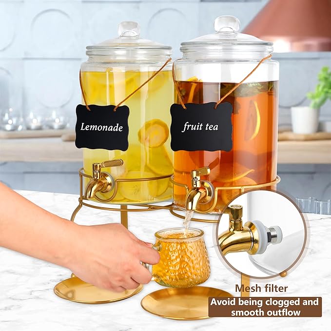 Drink Dispensers for Parties, 2 Pack 1 Gallon Beverage Dispenser with Stand, Drink Dispenser With Glass Lid, juice dispensers for parties - Image 6