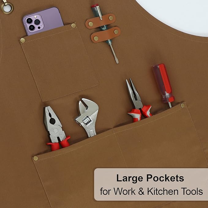 RUVANTI Work Aprons for Men, Oil & Water Repellent, PolyCotton Cross Back Aprons for Women with Pockets, Adjustable up to XXL, Chef Aprons for Cooking, Grilling, Welding, Woodworking - Brown Aprons