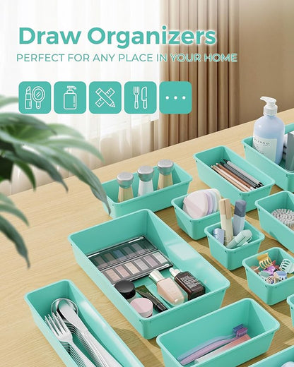 BiuLeon 25 PCS Plastic Drawer Organizers Set, 4-Sizes Vanity and Makeup Organizer, Desk and bathroom Drawer Organizer Trays, Organizers and Storage for Makeup, Jewelry, Gadgets, Utensils (Blue) - Image 3