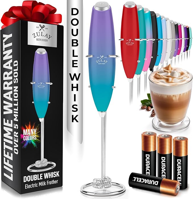 Zulay Kitchen Whisk Milk Frother with 4 Duracell Batteries - Powerful Handheld Foam Maker for Coffee, Lattes, Matcha, Hot Chocolate & Cappuccinos - Whip Creamy Froth in Seconds by ZulayKitchen