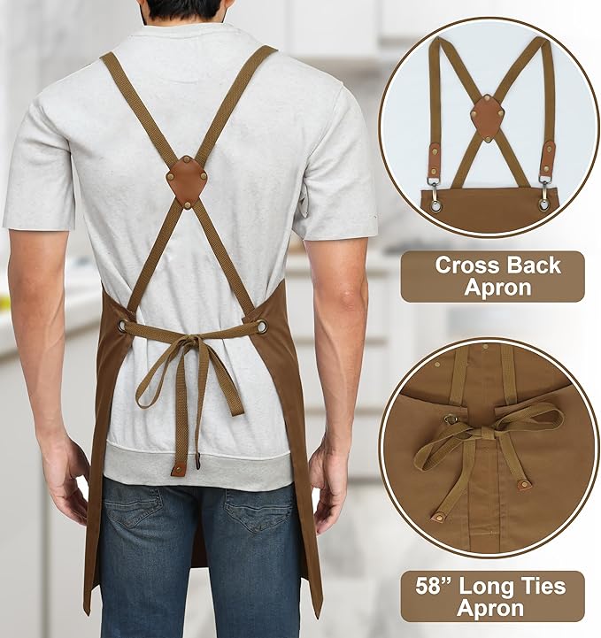 RUVANTI Work Aprons for Men, Oil & Water Repellent, PolyCotton Cross Back Aprons for Women with Pockets, Adjustable up to XXL, Chef Aprons for Cooking, Grilling, Welding, Woodworking - Brown Aprons