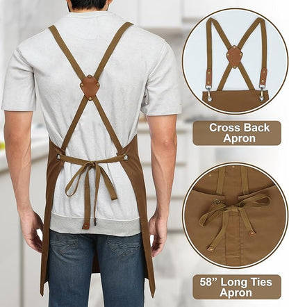 RUVANTI Work Aprons for Men, Oil & Water Repellent, PolyCotton Cross Back Aprons for Women with Pockets, Adjustable up to XXL, Chef Aprons for Cooking, Grilling, Welding, Woodworking - Brown Aprons
