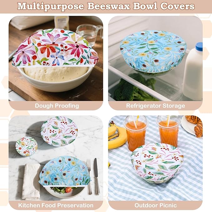 5-Size Reusable Beeswax Bowl Covers for Bread Proofing, Cotton Cloth Flexible Beeswax Wraps for Food Storage(Rainbow Floral) - Image 5
