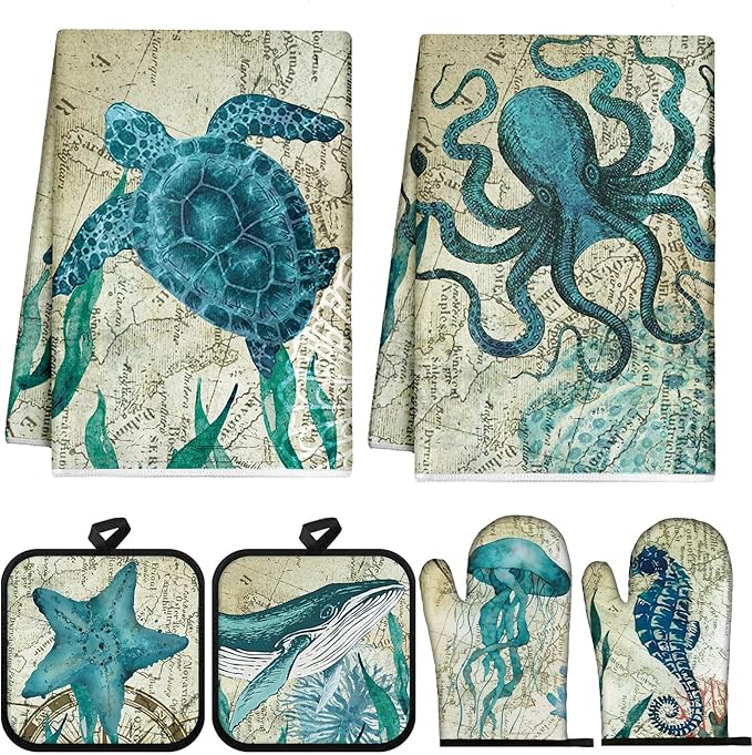 6 Pcs Sea Ocean Beach Kitchen Towels Pot Holders and Oven Mitts Set Coastal Dish Towel Ocean Animal Oven Gloves Heat Resistant Potholders for Kitchen Summer Cooking Gift by Mindsoft