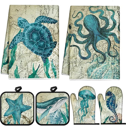 6 Pcs Sea Ocean Beach Kitchen Towels Pot Holders and Oven Mitts Set Coastal Dish Towel Ocean Animal Oven Gloves Heat Resistant Potholders for Kitchen Summer Cooking Gift by Mindsoft
