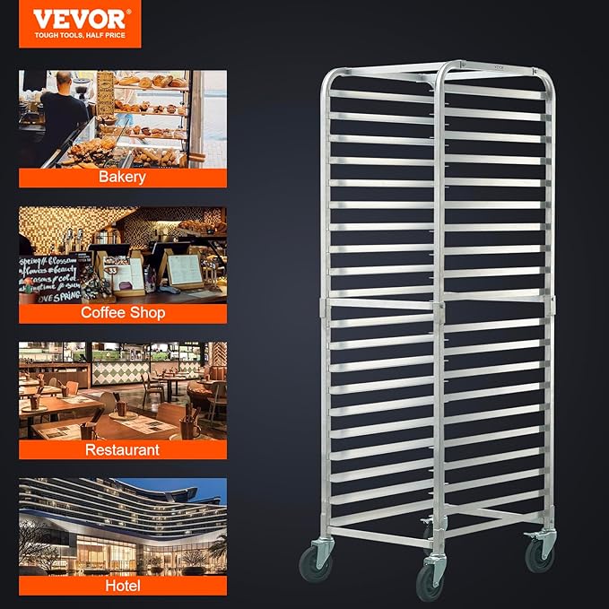 VEVOR Bun Pan Rack, 20-Tier Commercial Bakery Racks with Brake Wheels, Aluminum Racking Trolley Storage for Half & Full Sheet, Speed Rack For Kitchen Home, Bread Baking Equipment, 26"L x 20.4"W x 70"H - Image 7