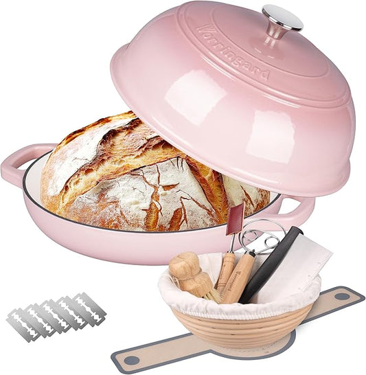 VORRINGARD Enameled Cast Iron Dutch Oven Pot with Lid, Bread Oven for Sourdough Bread Baking, Dutch Ovens with Bread Proofing Basket& Baking Supplies Set, 6 Quart, Pink