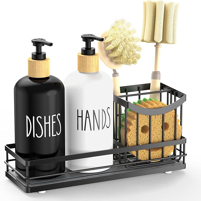Moforoco Kitchen Dish Soap Dispenser Set, 16OZ Glass Bottle, Hand and Dish Soap Dispenser Set, Instant Dry Tray, Brush Holder with Smiley Face Sponge Holder (Universal Black Tray+Black&White Bottle) - Image 2