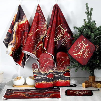 Leinuosen 8 Pcs Burgundy Marble Kitchen Towels and Dishcloths Sets Oven Mitts and Pot Holders Sets Absorbent Kitchen Gloves Potholders Heat Resistant for Chef Baking Cooking