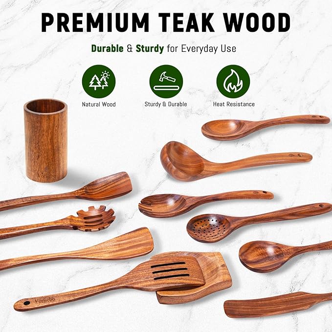 12 Piece Wooden Spoons for Cooking, Natural Teak Wooden Utensils Set, Handmade Wood Kitchen Utensil Set with Holder and Spoon, Durable Nonstick, Comfort Grip Wood Cookware Tool - Image 5
