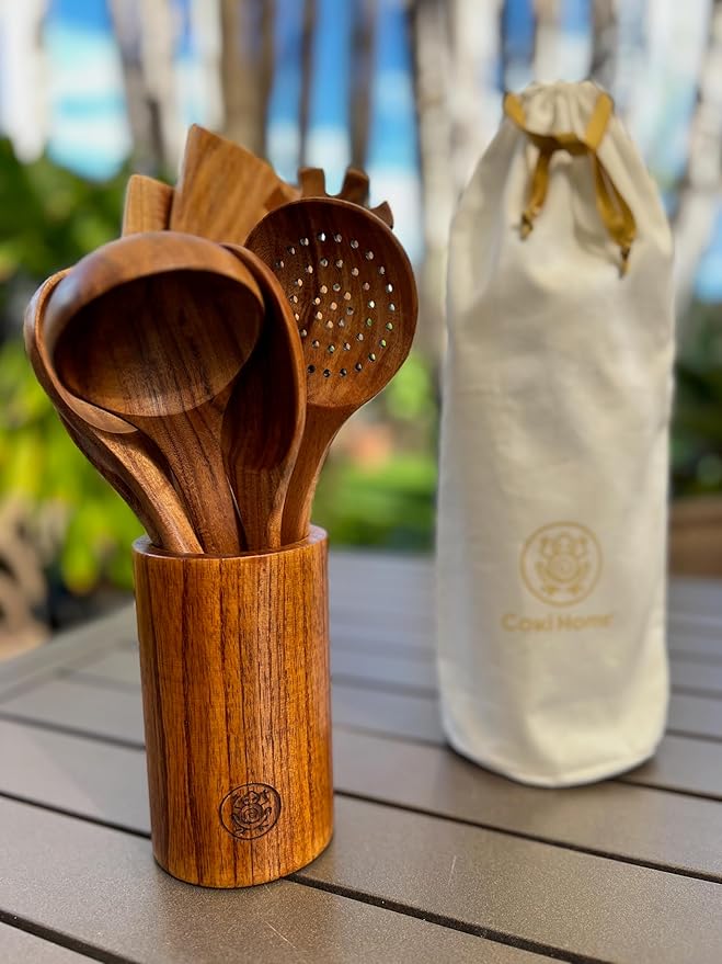 Wooden Cooking Utensils Set – Coki Home 9-Piece Teak Wood Kitchen Utensils with Holder, Nonstick Safe, Plastic-Free, Food-Safe Cooking Tools