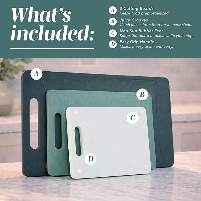 COOK WITH COLOR Non-Slip Cutting Board Set – Kitchen Essentials with Easy Grip Handle for Meat, Veggies, and Fruits, 3 Cutting Boards, Teal - Image 2