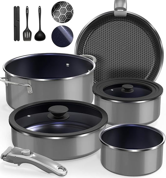 DUXANO Ceramic Pots and Pans Set Non Stick, 2026 Upgraded Hybrid Frypan, 1.5&2 QT Saucepans with Lid, Oil-less Cooking, PFAS Free Non Toxic, Induction Ready,Oven&Dishwasher Safe,Removable Handle,12PC