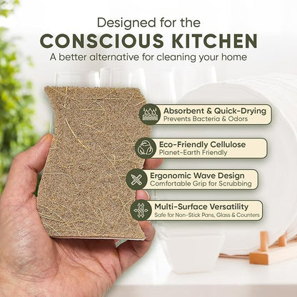 Plant-Based Kitchen Sponges (6 Pack) | USDA Biobased Certified | FSC & PETA Approved | Natural Cellulose & Coconut Scrubber Sponge | S-Shaped Design | Eco-Friendly, Non-Scratch, Non-Toxic & Vegan - Image 2
