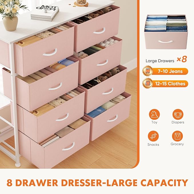 Sweetcrispy 8 Drawer Fabric Dresser for Bedroom, Tall Double Dresser Chest of Drawers with Sturdy Steel Frame and Wooden Top, Closet Living Room Storage Organizer with Easy Pull Handles,Pink