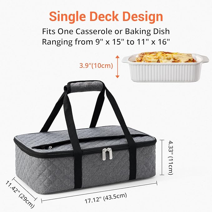 Insulated Casserole Carrier Portable Food Tote for Hot or Cold – Fits 9"x13" Baking Dish, Lasagna Holder for Parties, Picnic, Travel, Beach - Grey