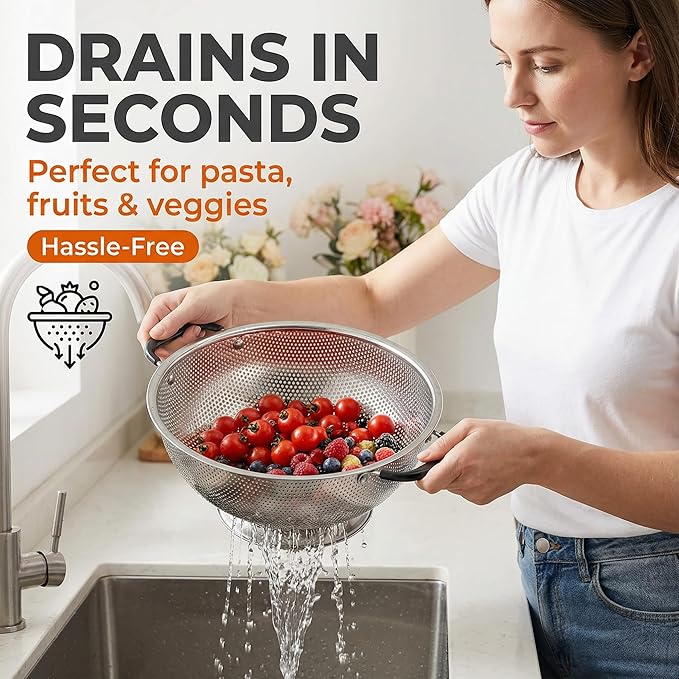304 Stainless Steel Colander, 3 Quart Micro-Perforated Strainer with Heavy Duty Plastic Handles - Fast Draining Metal Basket for Rinsing Rice, Washing Vegetables, Draining Pasta - Dishwasher Safe - Image 6