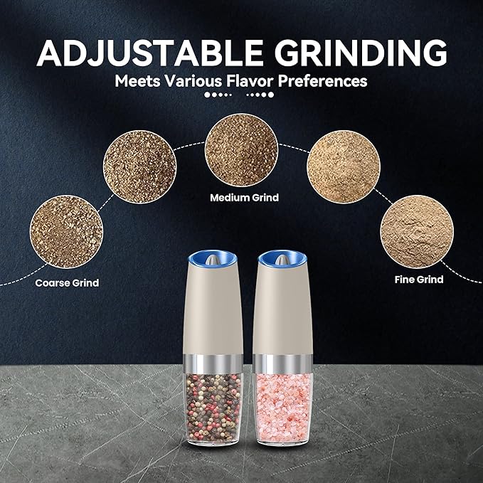 UNNEES Gravity Electric Salt and Pepper Grinder set of 2, Automatic Salt And Pepper Grinder Set, Adjustable Roughness, Battery Powered, LED Light, 2 Pack, (Khaki) - Image 3